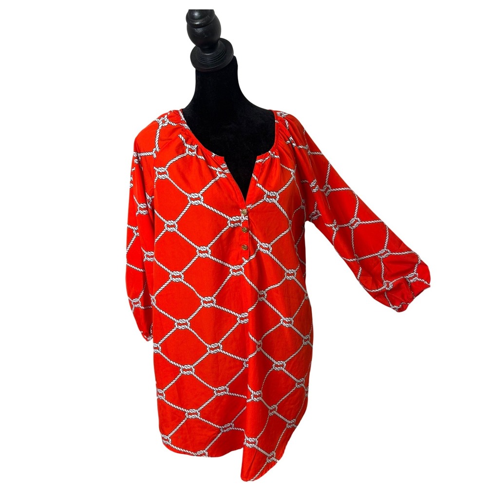 Mud Pie Nautical Rope Print Tunic Top Size S Preppy Red White Cover Up FLAW